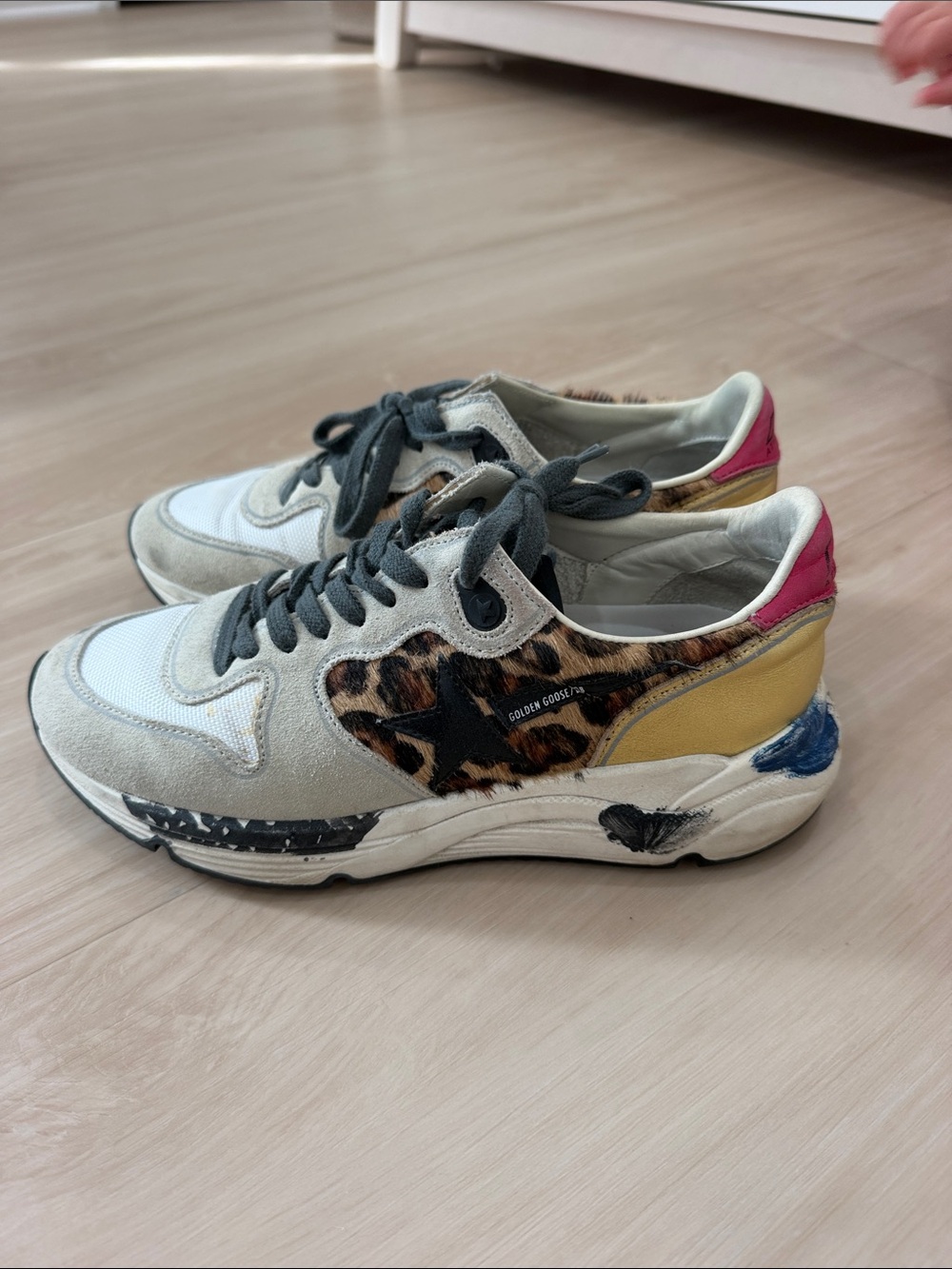 Golden Goose Women's Sneakers with Leopard Panel, Yellow Heel & Pink Collar